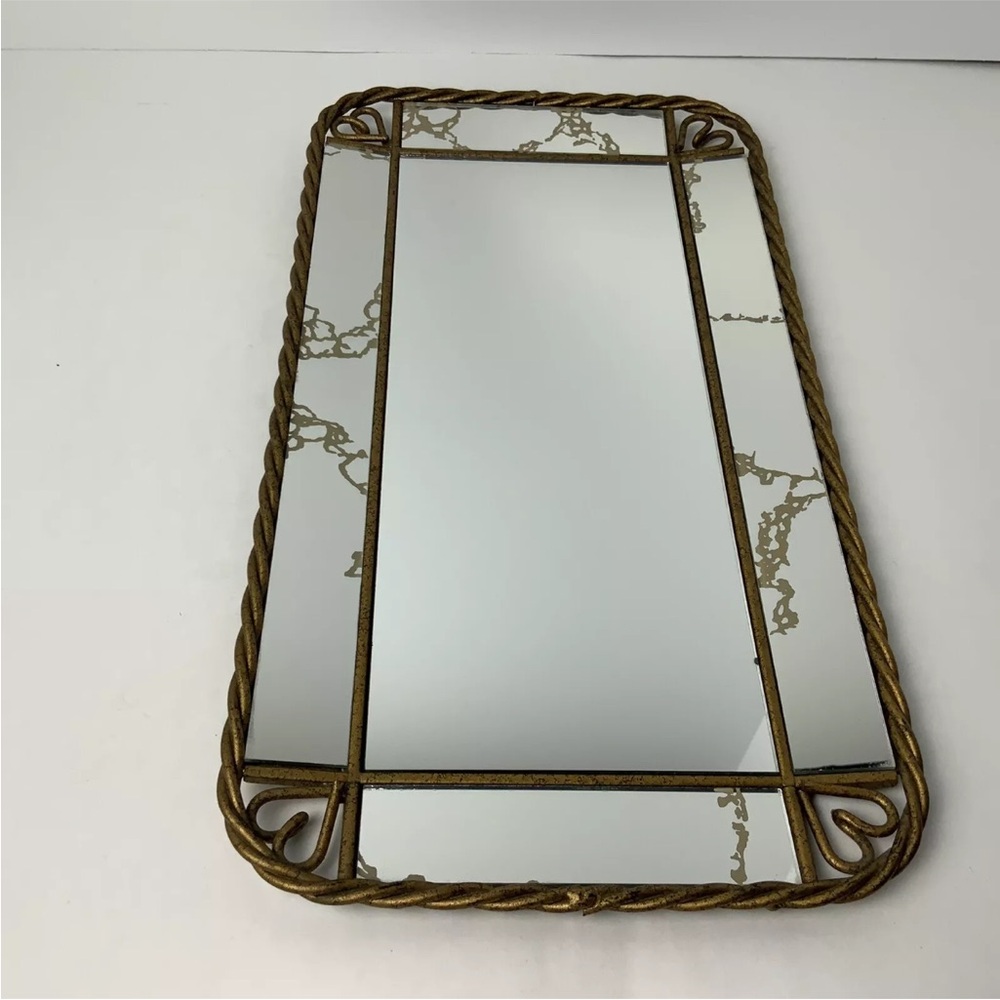 1960’s Decorative Rectangle Mirror Metal Twist Frame Wall Hanging Vanity Tray